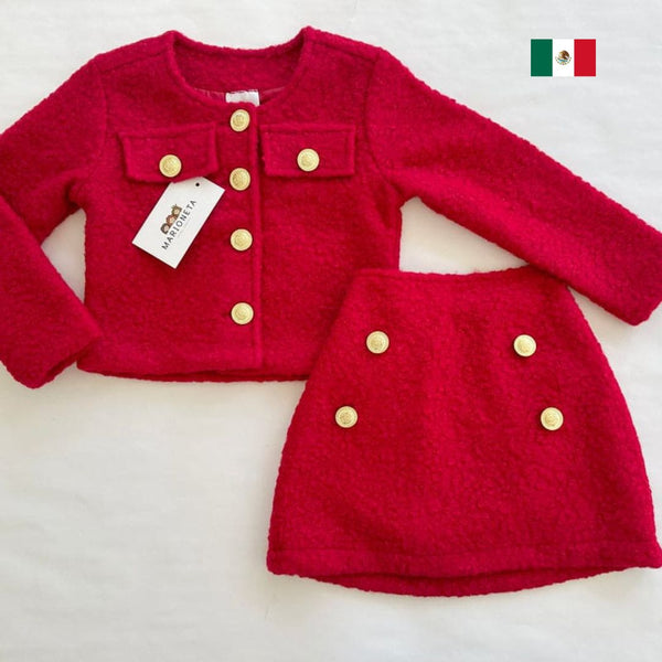 Conjunto dos piezas falda y saco rojo con botones dorados para niña |  mexicano