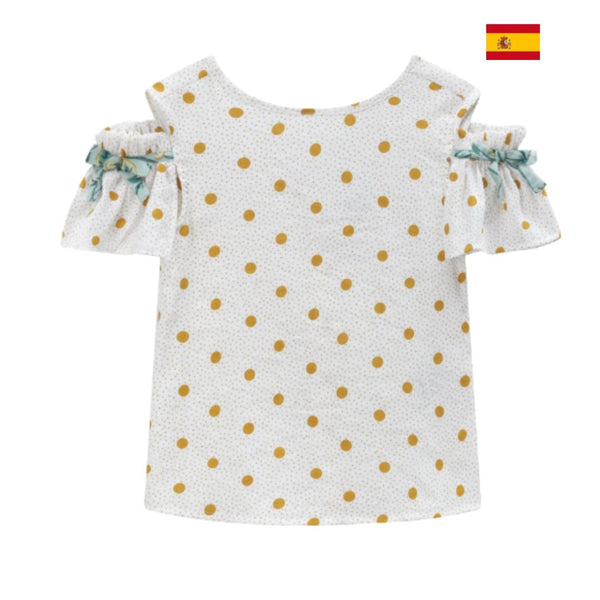 Conjunto dos piezas falda estampada verde y blusa blanca con bolas amarillas y adorno en mangas para niña | Newness