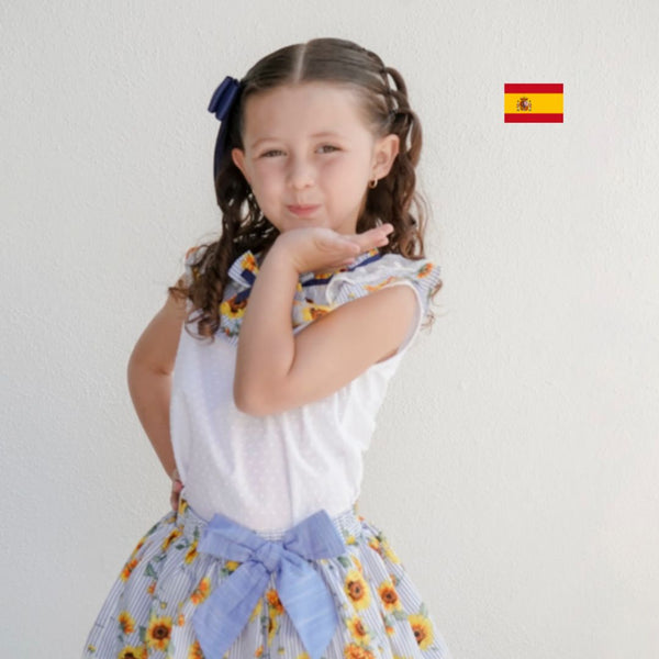 Conjunto de niña dos piezas blusa blanca con cuello estampado de girasoles y falda estampada para niña |Newness