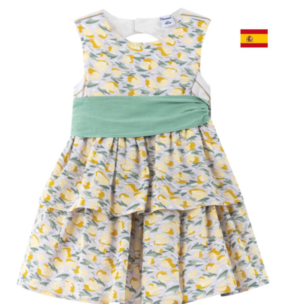 Vestido estampado con cinturón verde, doble olán para niña | Newness