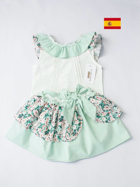 Conjunto dos piezas de falda color meta y flores y playera color blanco para niña| Newness