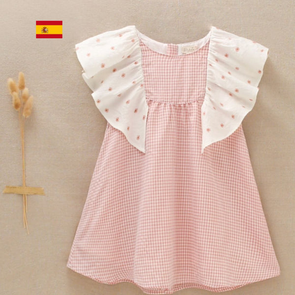 Vestido a cuadros color rosa con cuello blanco con detalles de flores para niña | DadatI