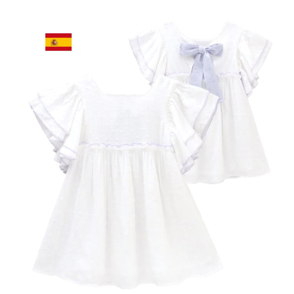 Vestido niña blanco plumeti con ribetes lilas | Dadati