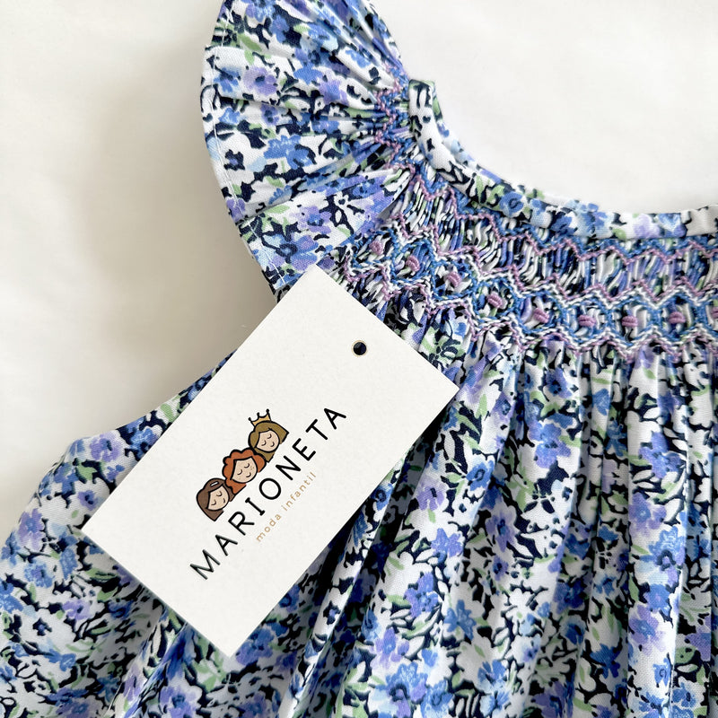 Vestido bordado hecho a mano jesucito color azul con flores para niña | CARPI