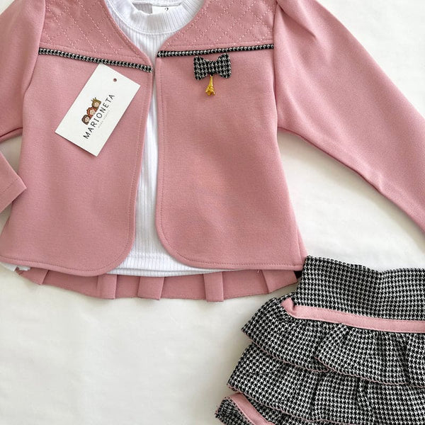 Conjunto tres piezas falda gallo, chaqueta rosa playera blanca para niña | mexicano lo