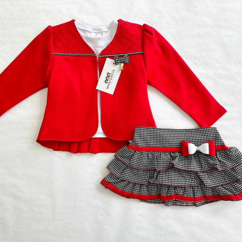 Conjunto tres piezas falda gallo, chaqueta roja playera blanca para niña | mexicano lo lo