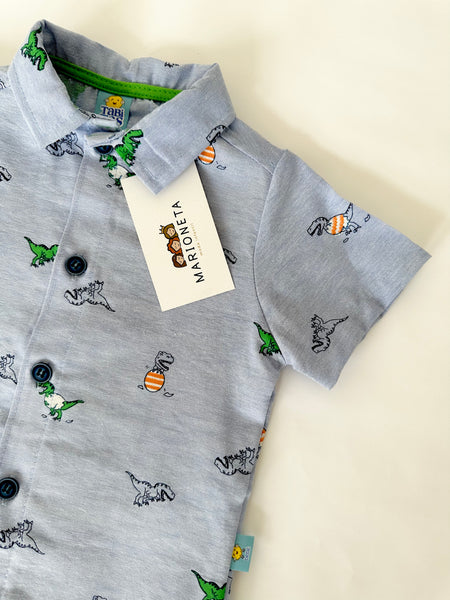 Conjunto tres piezas short beige camisa  azul estampada y playera verde para bebe niño | MEXICANA