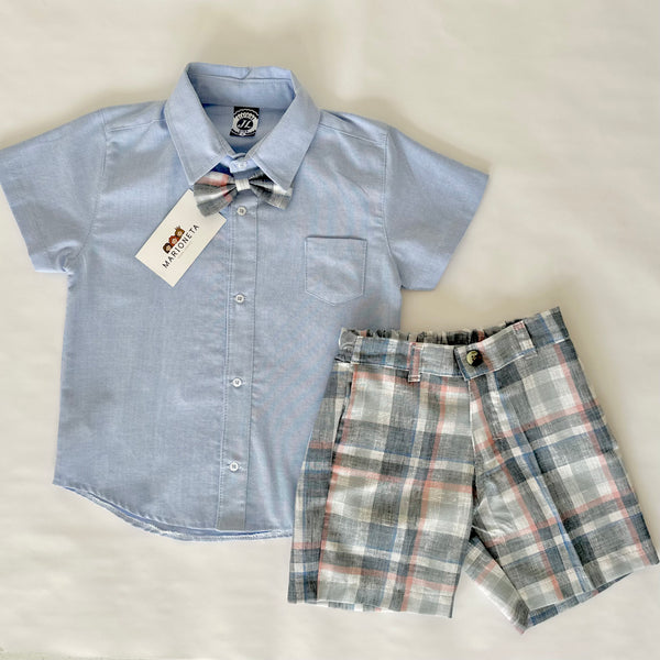 Conjunto tres piezas short cuadros gris y camisa azul cielo con moño a cuadros | mexicana