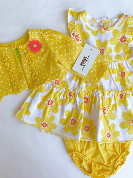 Vestido amarillo estampado de flores con chaqueta y braguita para bebe niña  | sesame