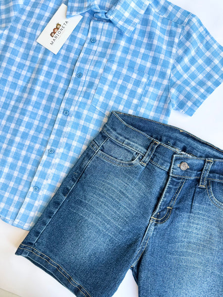 Conjunto dos piezas short mezcilla y camisa cuadros azul con blanco para niño | MEXICANO