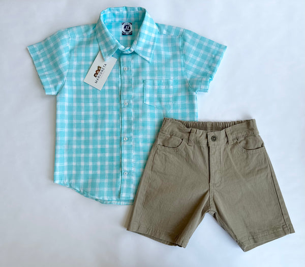 Conjunto de dos piezas short de gabardina beige  y camisa azul verde a  cuadros  para niño | MEXICANO