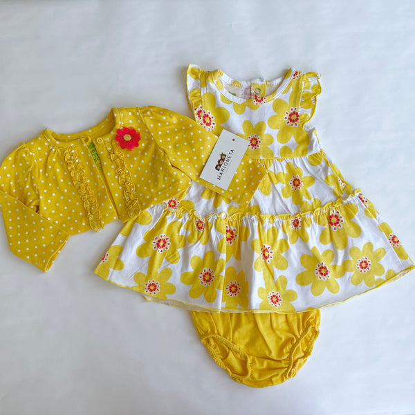 Vestido amarillo estampado de flores con chaqueta y braguita para bebe niña  | sesame