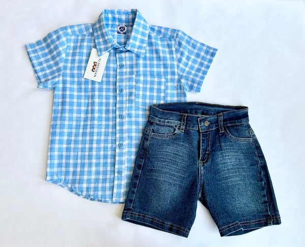 Conjunto dos piezas short mezcilla y camisa cuadros azul con blanco para niño | MEXICANO