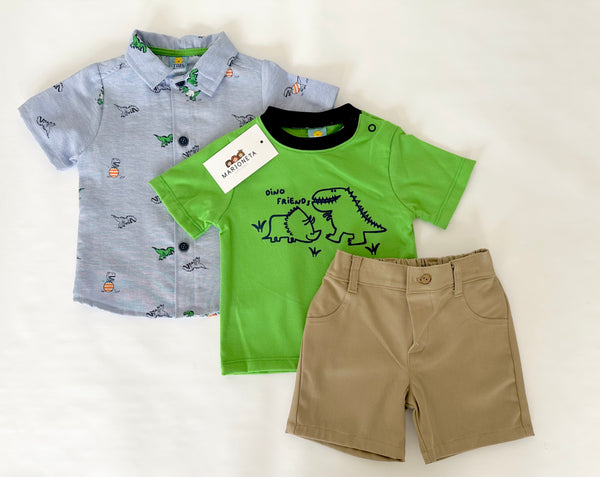 Conjunto tres piezas short beige camisa  azul estampada y playera verde para bebe niño | MEXICANA