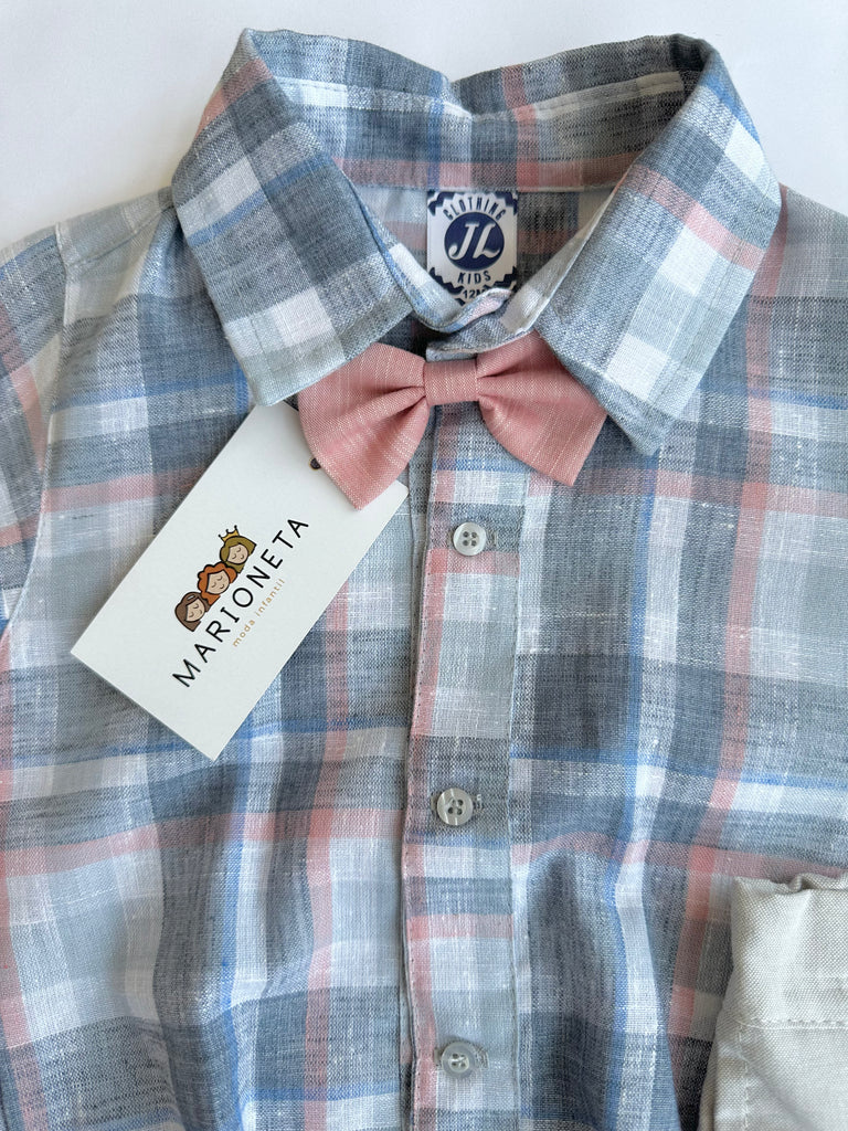 Conjunto tres piezas camisa o panalero a cuadros azul mono rosa y pantalon caqui para bebe nino mexicana