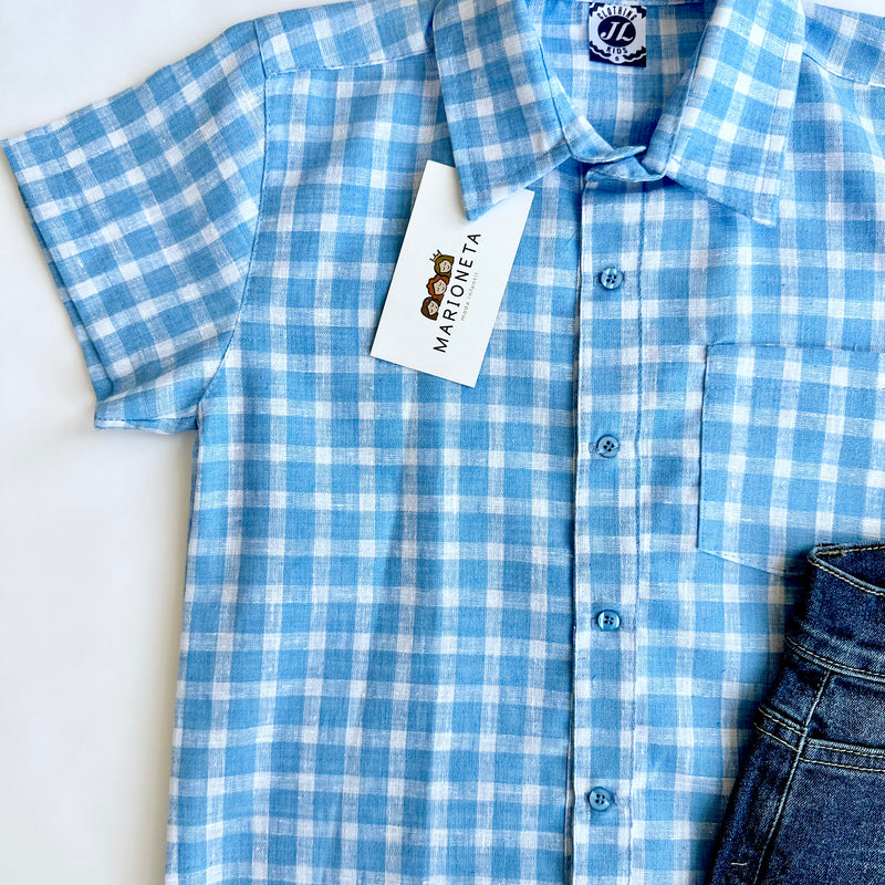 Conjunto dos piezas short mezcilla y camisa cuadros azul con blanco para niño | MEXICANO