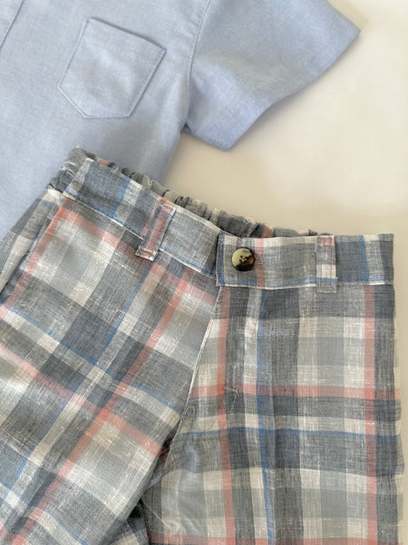 Conjunto tres piezas short cuadros gris y camisa azul cielo con moño a cuadros | mexicana