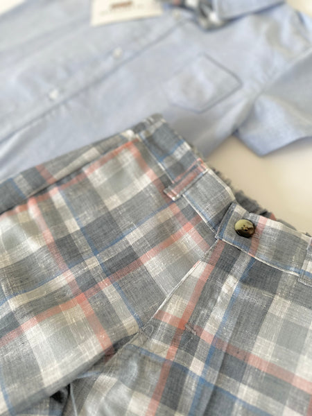 Conjunto tres piezas short cuadros gris y camisa azul cielo con moño a cuadros | mexicana