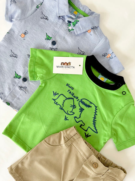 Conjunto tres piezas short beige camisa  azul estampada y playera verde para bebe niño | MEXICANA