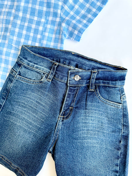 Conjunto dos piezas short mezcilla y camisa cuadros azul con blanco para niño | MEXICANO