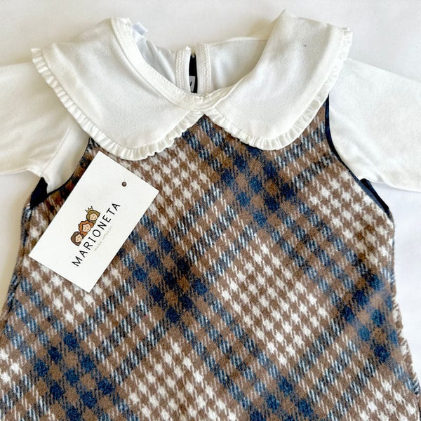 Jumpers cuadros cafe con azul y blusa ivory para niña |Méxicana lo Moo