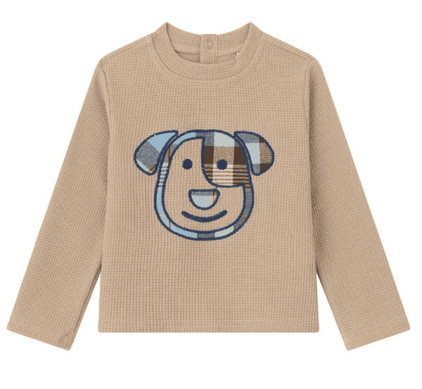 Conjunto de sudadera camel con osito al frente y short en tejido de cuadros azul con camel  para bebe niño | Newness