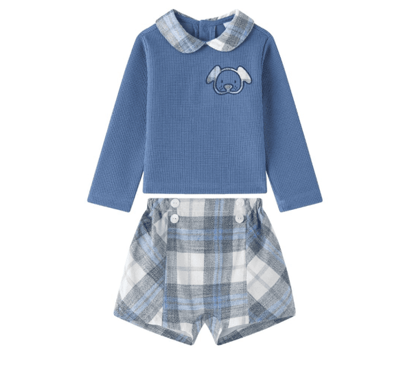 Conjunto de sudadera de felpa azul con adorno de perrito y short en tejido de cuadros azul con blanco para bebe niño | Newness