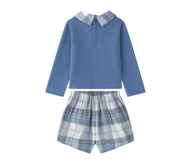 Conjunto de sudadera de felpa azul con adorno de perrito y short en tejido de cuadros azul con blanco para bebe niño | Newness