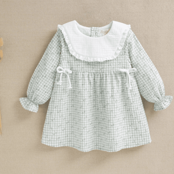 Vestido de cuadros vichy verde agua con estampado de cerezas,  cuello blanco paara bebe niña | Dadati