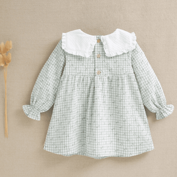 Vestido de cuadros vichy verde agua con estampado de cerezas,  cuello blanco paara bebe niña | Dadati