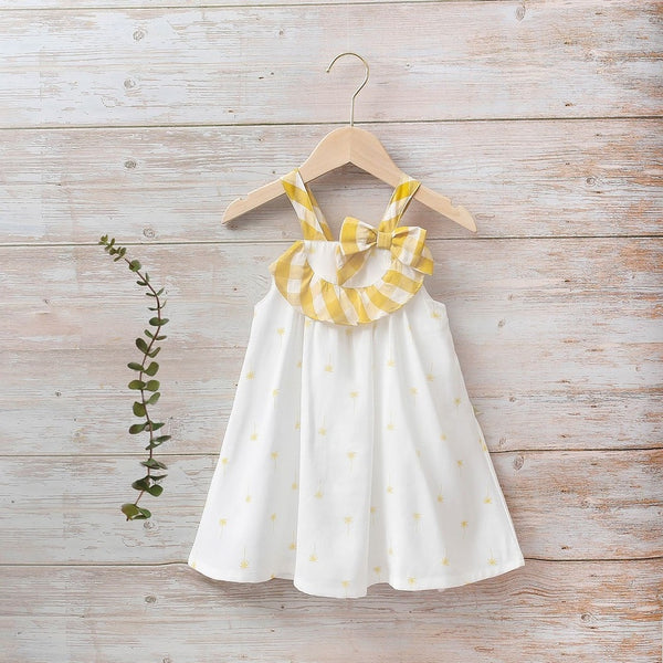 Vestido color blanco con tirantes de cuadros color mostaza para niña| Dadati