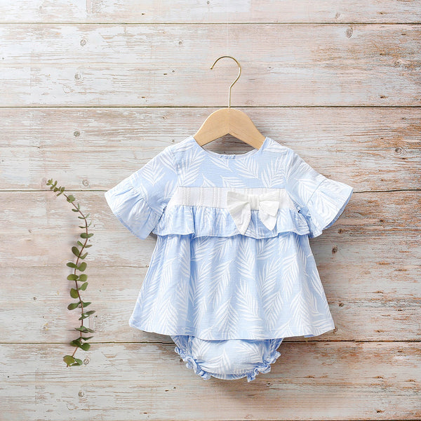 Vestido con braguita color azul con hojas blancas para bebé niña| Dadati