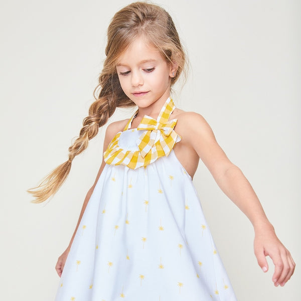 Vestido color blanco con tirantes de cuadros color mostaza para niña| Dadati