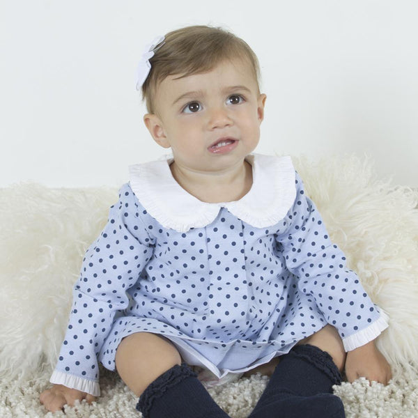 Vestido color azul con puntos y cuello blanco para bebe niña | Newness