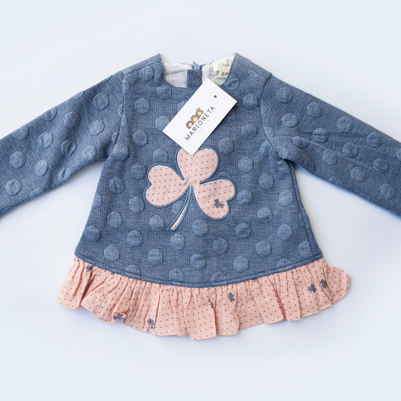 Vestido color azul con adorno de trebol al  frente y olan color rosa para bebe niña | |Dadati