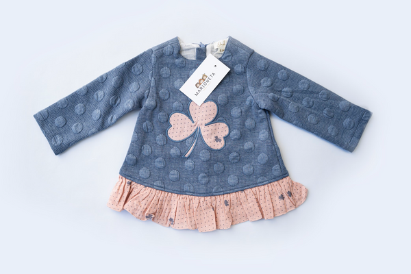 Vestido color azul con adorno de trebol al  frente y olan color rosa para bebe niña | |Dadati