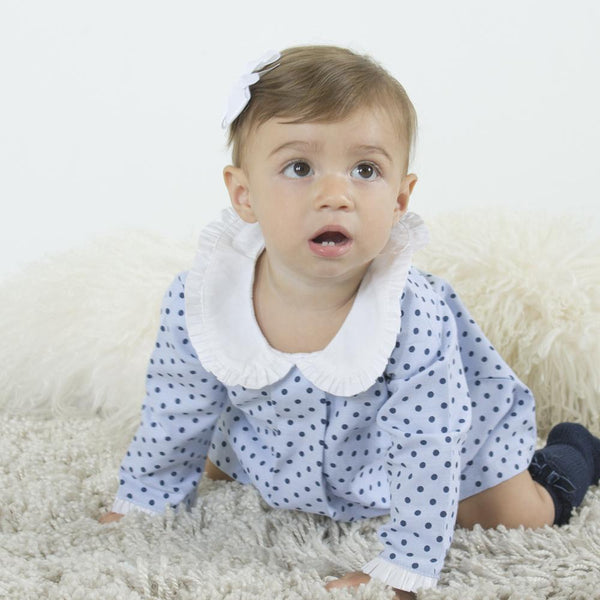 Vestido color azul con puntos y cuello blanco para bebe niña | Newness