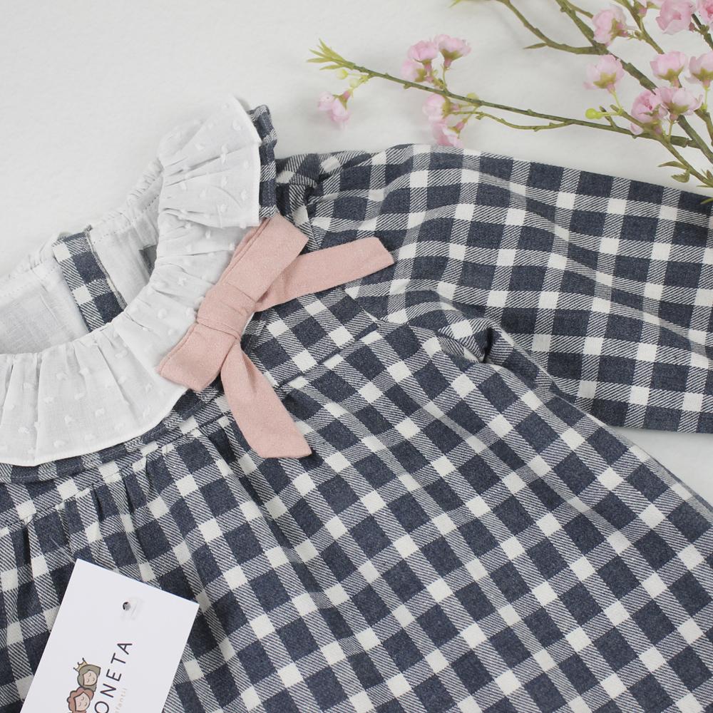 ❤️ Vestido de cuadros color gris con moño color rosa para bebé