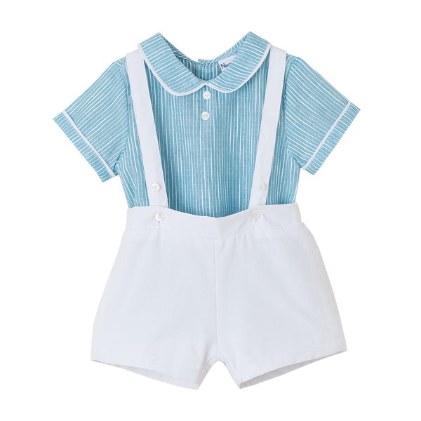 Conjunto dos piezas camisa azul con rayas y short con tirantes blanco para bebe | Newness