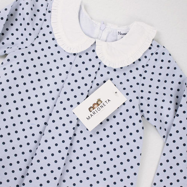 Vestido color azul con puntos y cuello blanco para bebe niña | Newness