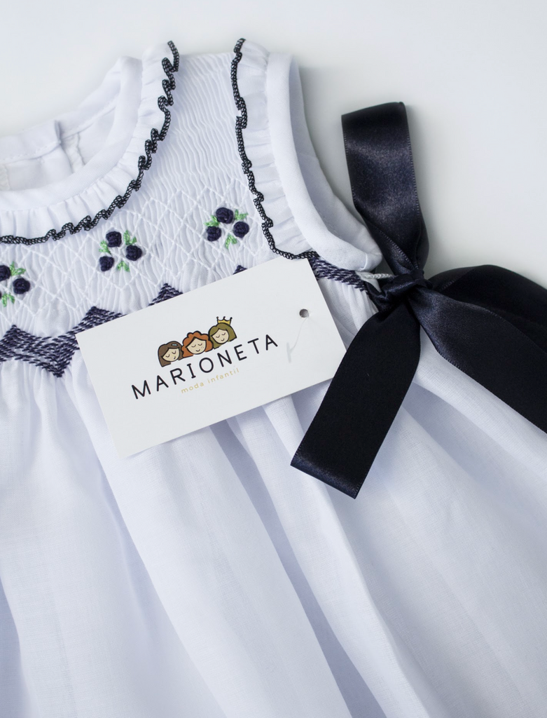 Vestido bordado color azul marino y blanco para bebe nina Carpi Marioneta moda