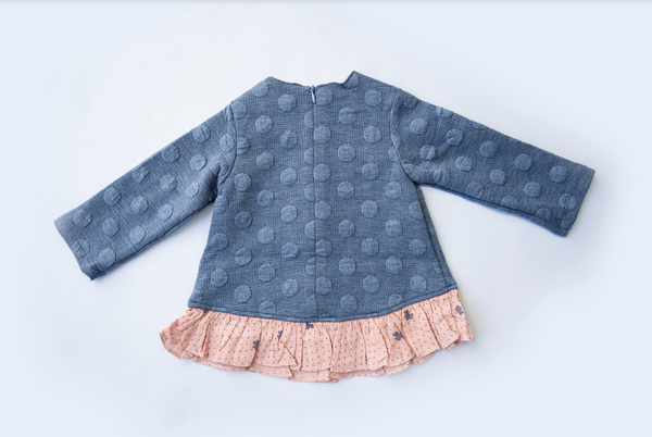 Vestido color azul con adorno de trebol al  frente y olan color rosa para bebe niña | |Dadati