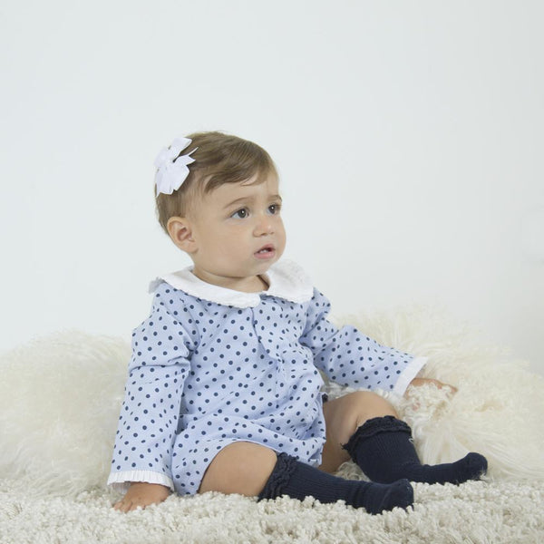 Vestido color azul con puntos y cuello blanco para bebe niña | Newness