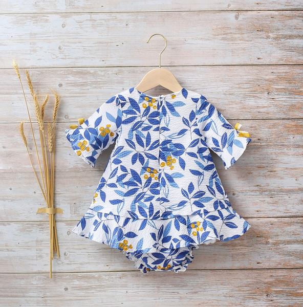 Vestido color blanco con hojas color azul para bebé niña| Dadati