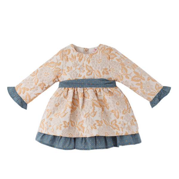 Vestido beige y dorado con olan y moño azul para bebe niña | Newness