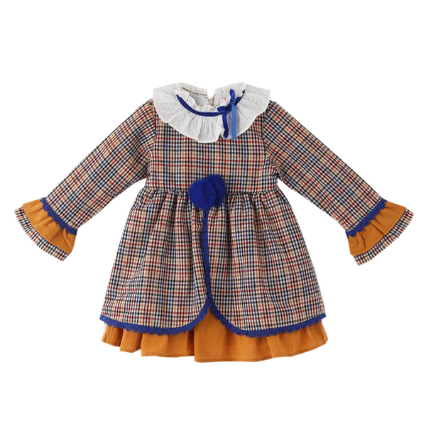 Vestido cuadros azul y marron con detalles azul rey para niña | Newness