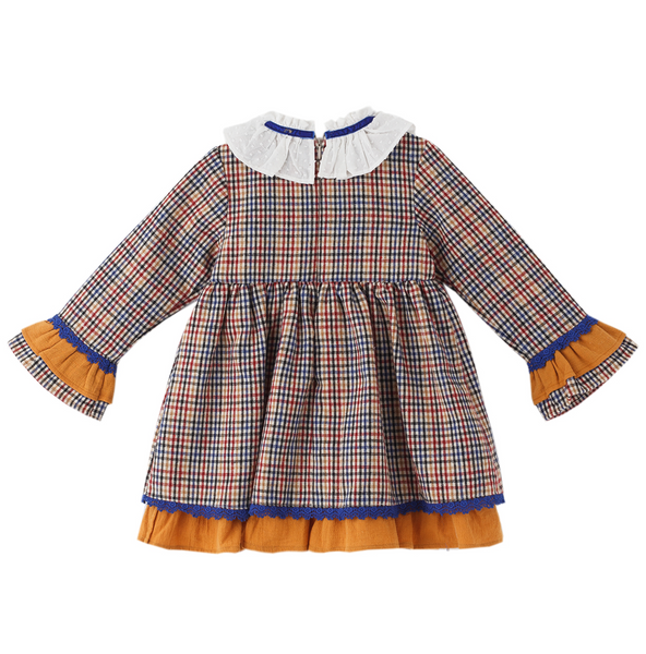 Vestido cuadros azul y marron con detalles azul rey para niña | Newness