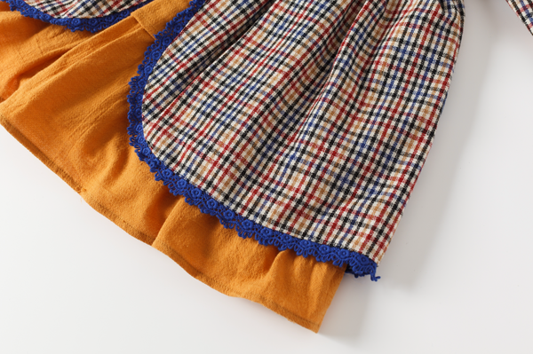 Vestido cuadros azul y marron con detalles azul rey para niña | Newness