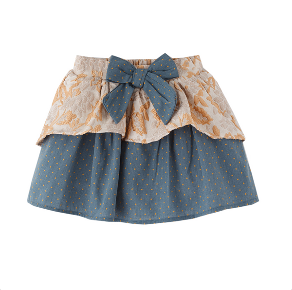 Conjunto dos piezas falda azul con faldon estampado oro y blusa blanca con detalles azules para niña | Newness