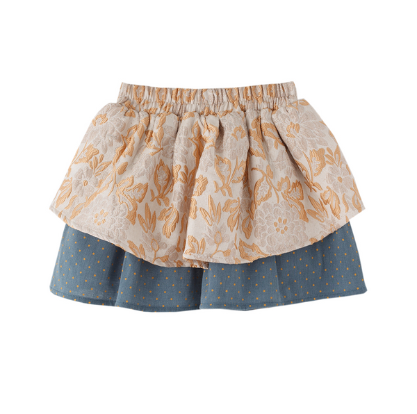 Conjunto dos piezas falda azul con faldon estampado oro y blusa blanca con detalles azules para niña | Newness